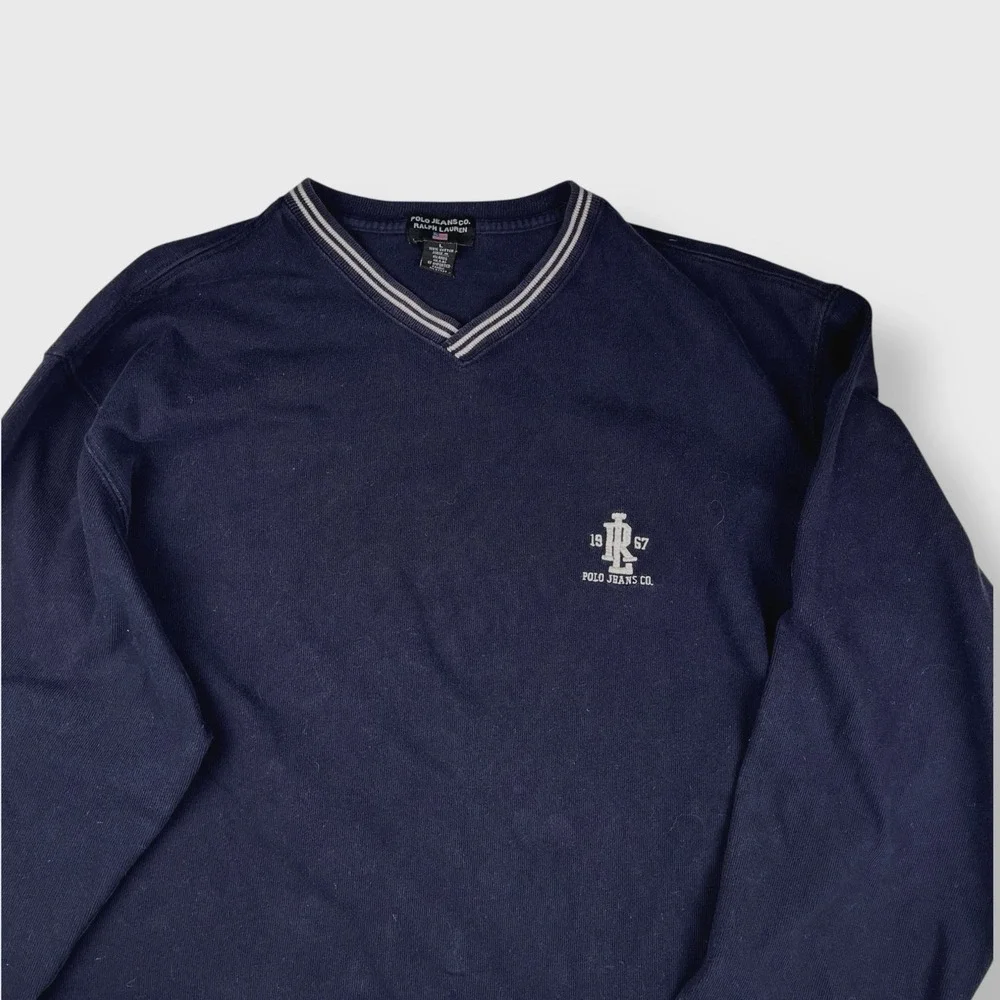 Vintage Polo Jeans Ralph Lauren Sweater Mens Large Pullover Blue‎ VNeck Cotton